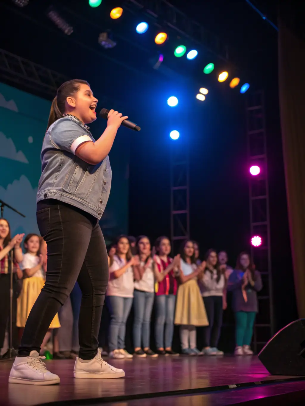 A photograph showcasing a live performance at TKF SCHOOL, with talented students showcasing their skills in rapping, singing, and dancing on stage, highlighting the school's commitment to performance arts.