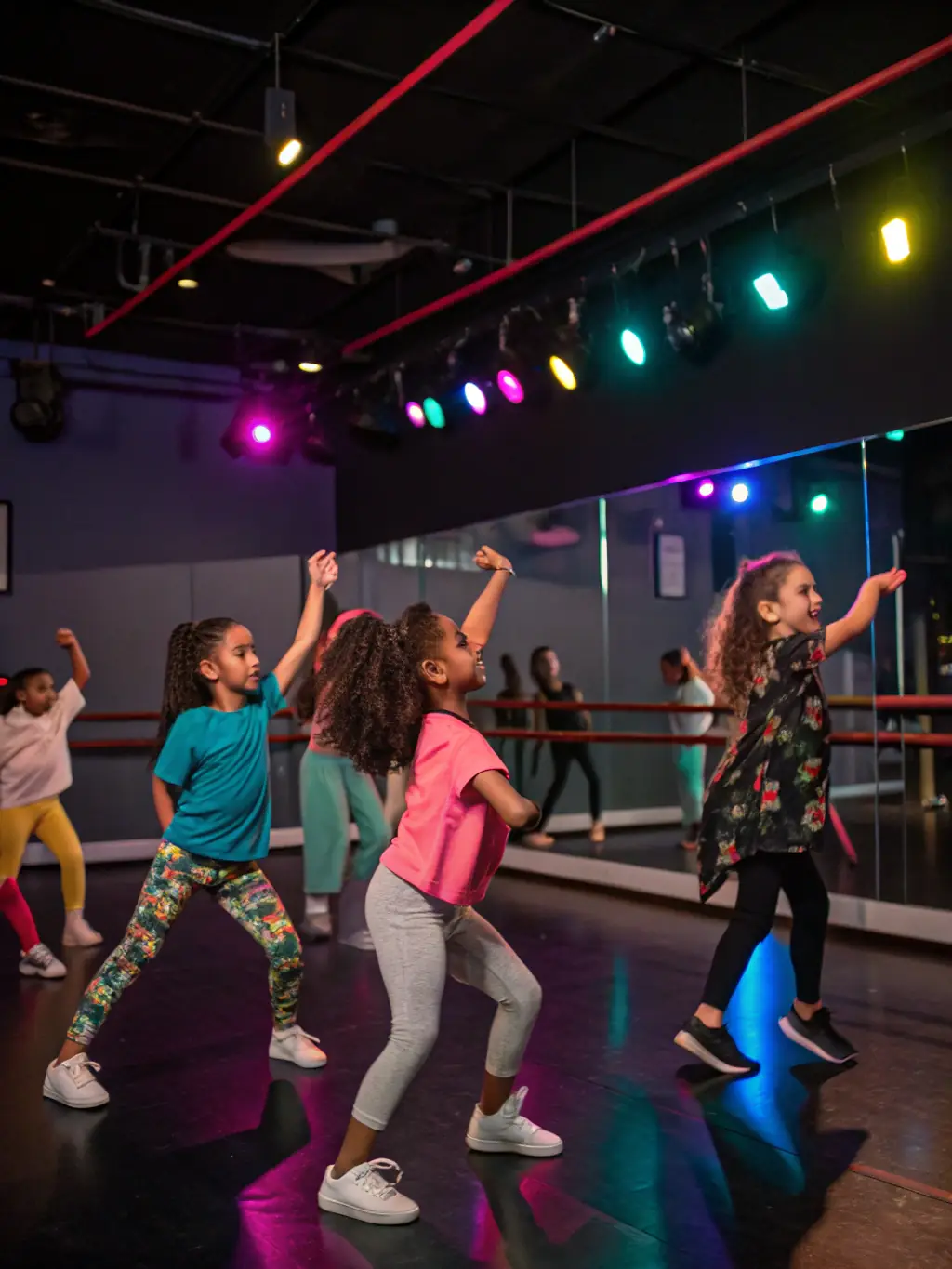 A vibrant photograph capturing a hip-hop dance class in session at TKF SCHOOL, with diverse students engaged in learning energetic moves, showcasing the dynamic and inclusive environment.