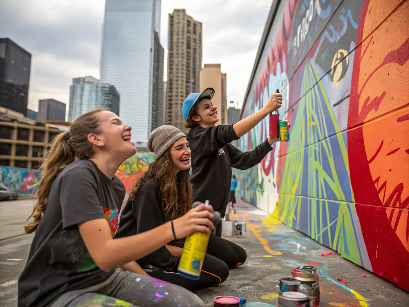A photo of TKF SCHOOL students collaborating on a mural project, demonstrating teamwork and creative expression.