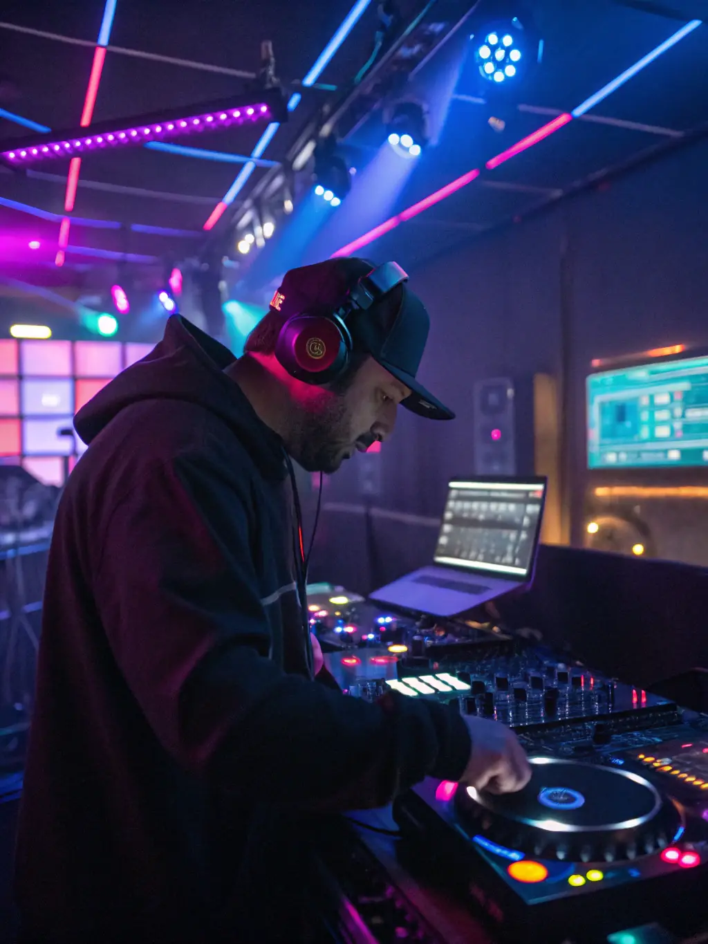 A captivating image of a student DJ skillfully mixing tracks at a TKF SCHOOL DJing workshop, surrounded by modern equipment and demonstrating the art of music creation.