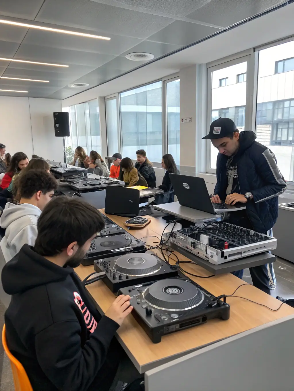 A captivating shot of a DJing and music production session, showing students learning to mix tracks and create their own beats using professional equipment, emphasizing the technical skills gained.