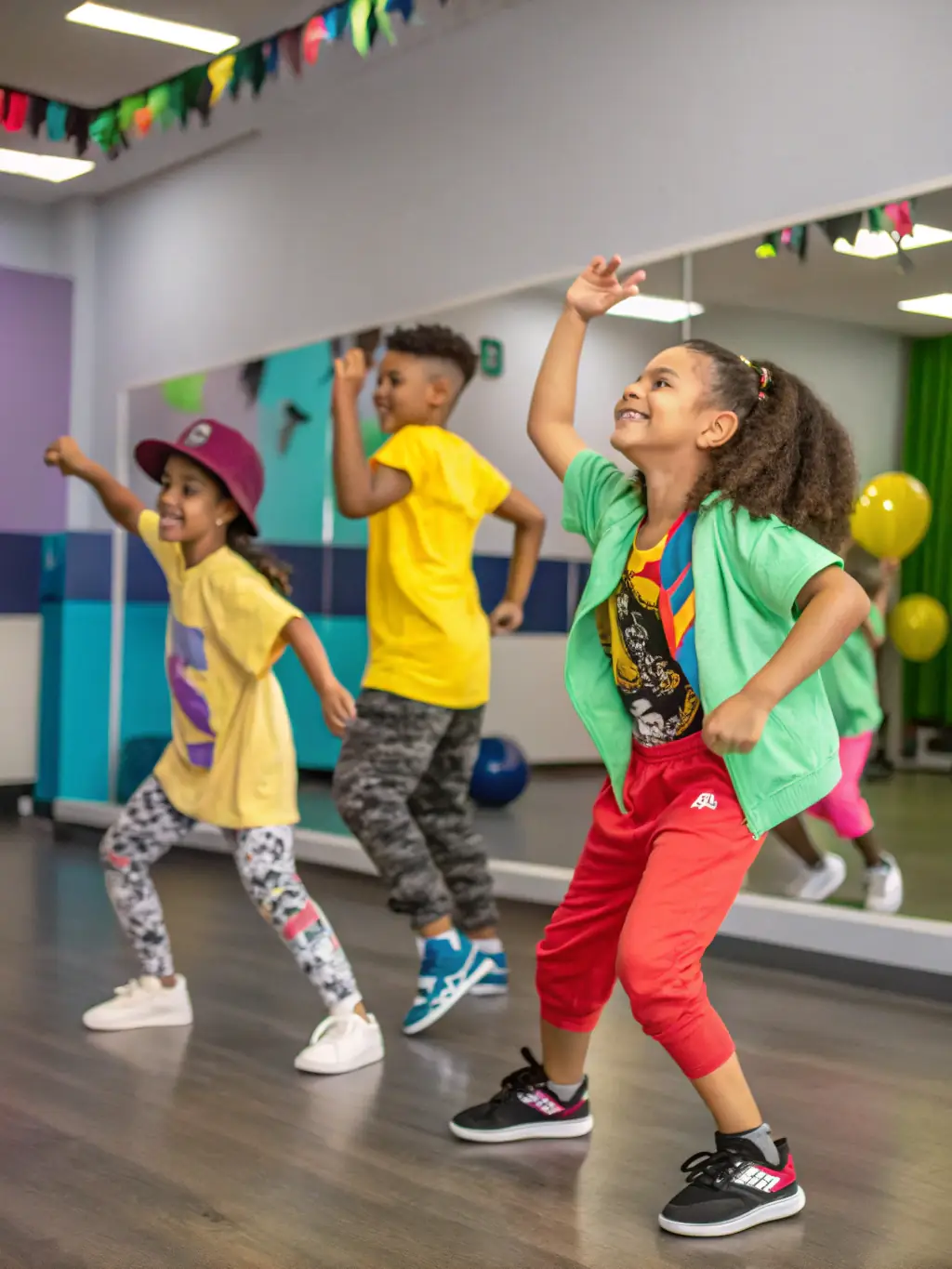 A vibrant photo of a hip-hop dance class in session, with young students actively participating and a skilled instructor guiding them, showcasing the energy and enthusiasm of the program.