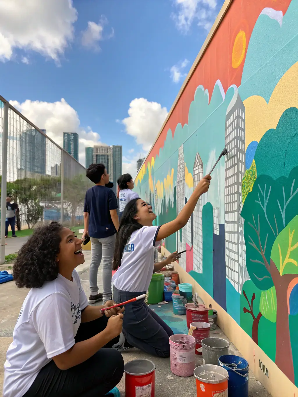 A dynamic shot of a graffiti art workshop at TKF SCHOOL, featuring students creating colorful and expressive murals on a large wall, reflecting the vibrant street art culture.