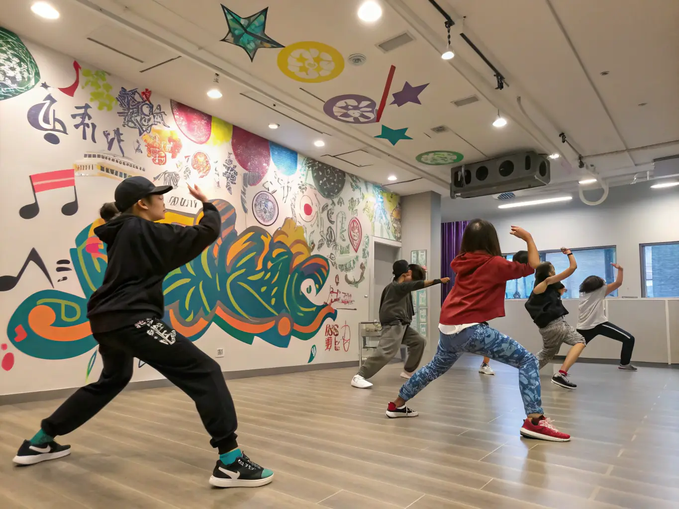 A vibrant photo of TKF SCHOOL students participating in a hip hop dance workshop, showcasing their energy and enthusiasm.